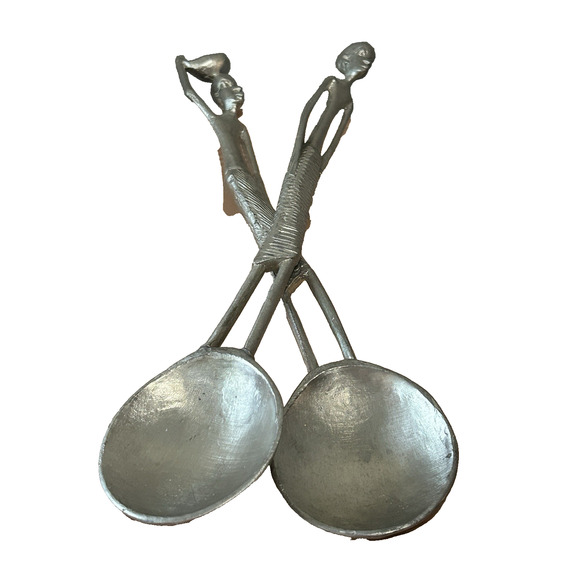 Set Of 2 African Water Bearer 11" Silver Server Large Round Spoons Marked "SOL" - Picture 2 of 6